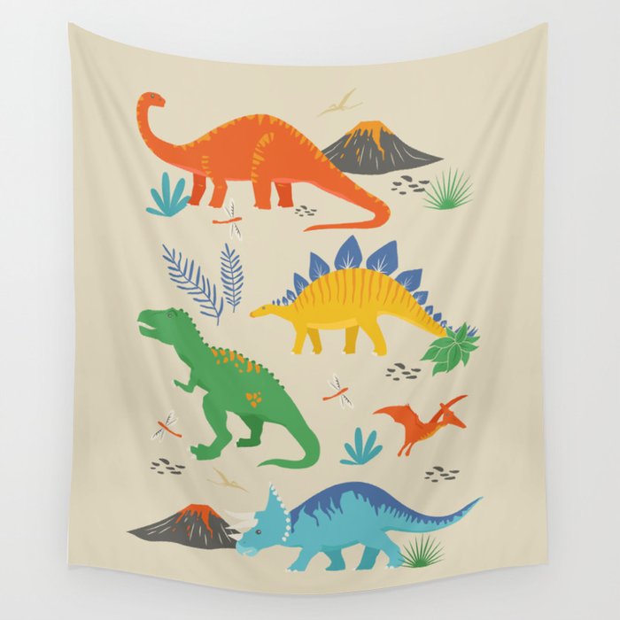 Jurassic Dinosaurs in Primary Colors Wall Tapestry Gallery Image 4