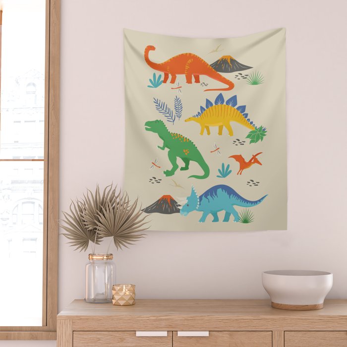 Jurassic Dinosaurs in Primary Colors Wall Tapestry Gallery Image 2