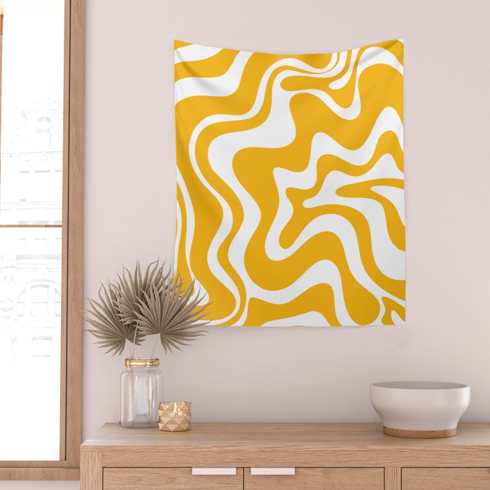 Marigold Liquid Swirl - Retro Modern Abstract Pattern in Yellow-Orange Wall Tapestry Gallery Image 2