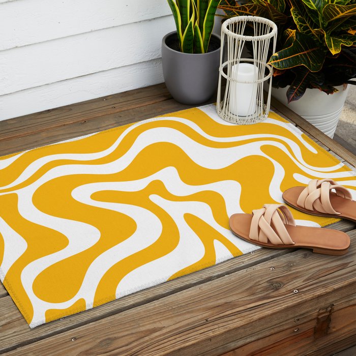 Marigold Liquid Swirl - Retro Modern Abstract Pattern in Yellow-Orange Outdoor Rug Gallery Image 2