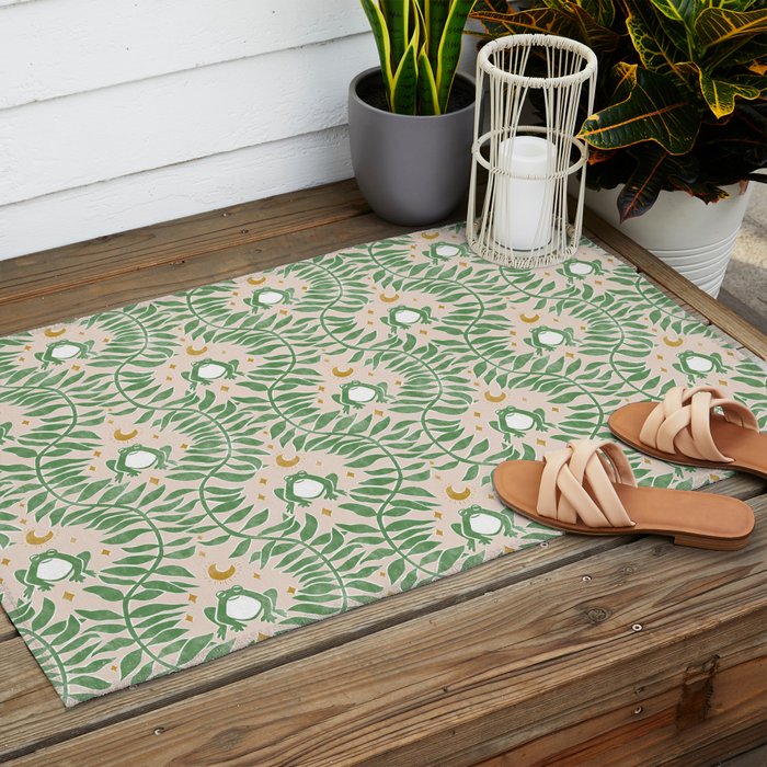 Froggie Ogee - green and blush Outdoor Rug Gallery Image 2