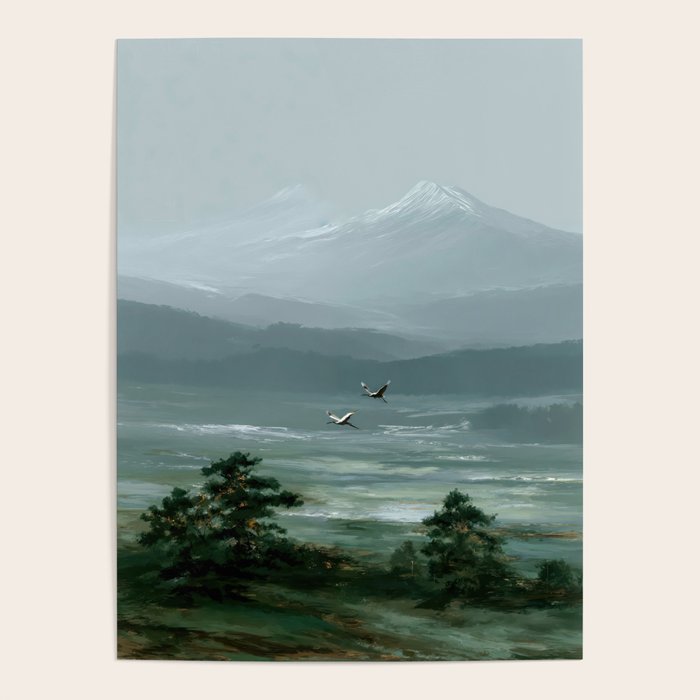 Japanese Wall Art Minimalist Bird Print Mountain Japandi Art Green Wabi Sabi Painting forest poster Poster Gallery Image 4