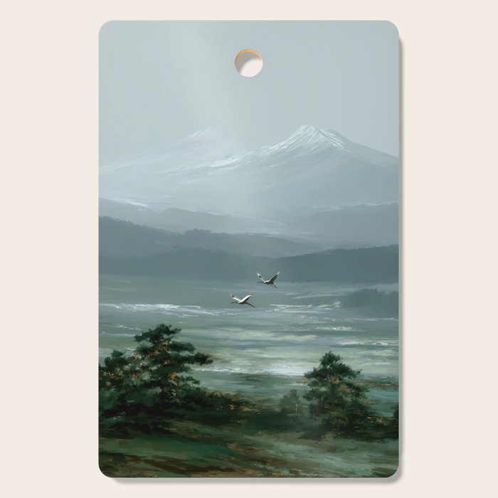 Japanese Wall Art Minimalist Bird Print Mountain Japandi Art Green Wabi Sabi Painting forest poster Cutting Board Gallery Image 1