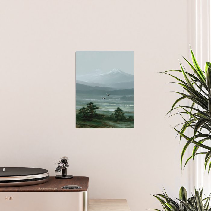 Japanese Wall Art Minimalist Bird Print Mountain Japandi Art Green Wabi Sabi Painting forest poster Poster Gallery Image 2