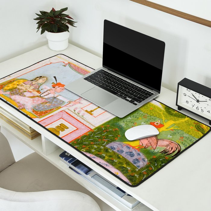 Two Lovers And The Morning Rooster Indian Painted Illustration Desk Mat Gallery Image 2