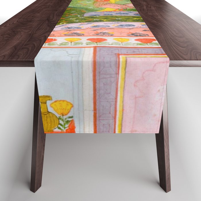Two Lovers And The Morning Rooster Indian Painted Illustration Table Runner Gallery Image 1