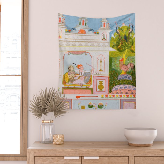 Two Lovers And The Morning Rooster Indian Painted Illustration Wall Tapestry Gallery Image 2