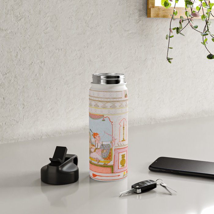 Two Lovers And The Morning Rooster Indian Painted Illustration Water Bottle Gallery Image 4