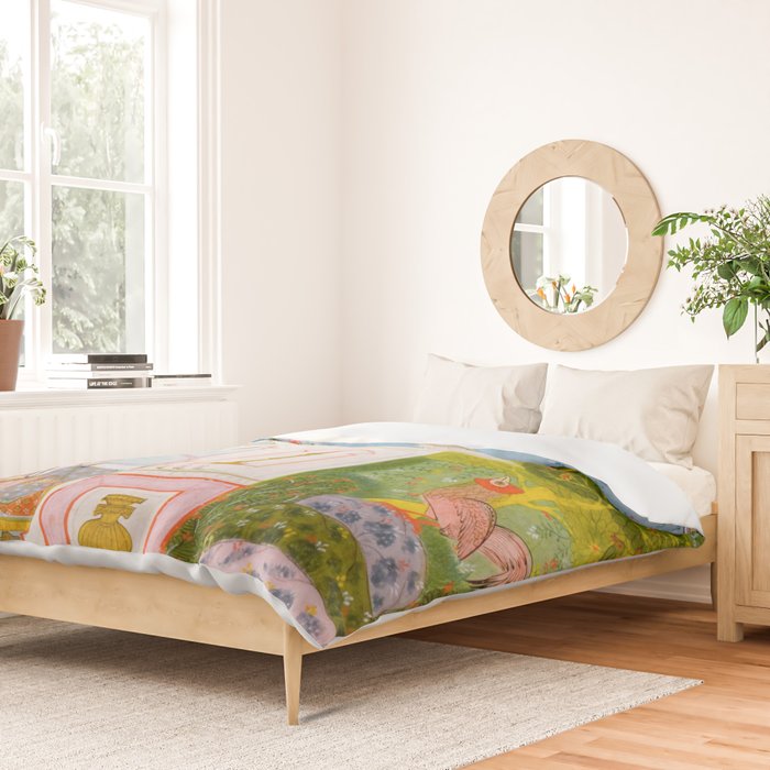 Two Lovers And The Morning Rooster Indian Painted Illustration Duvet Cover Gallery Image 2