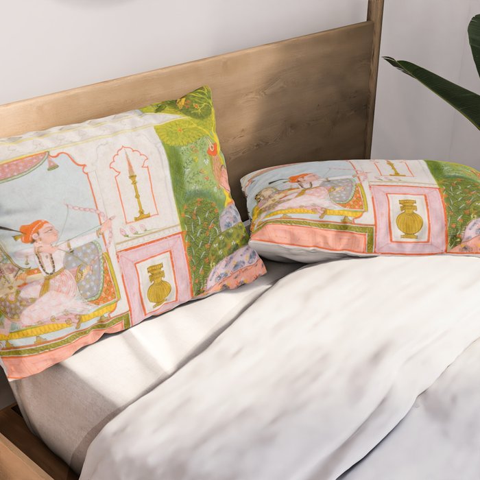 Two Lovers And The Morning Rooster Indian Painted Illustration Pillow Sham Gallery Image 2