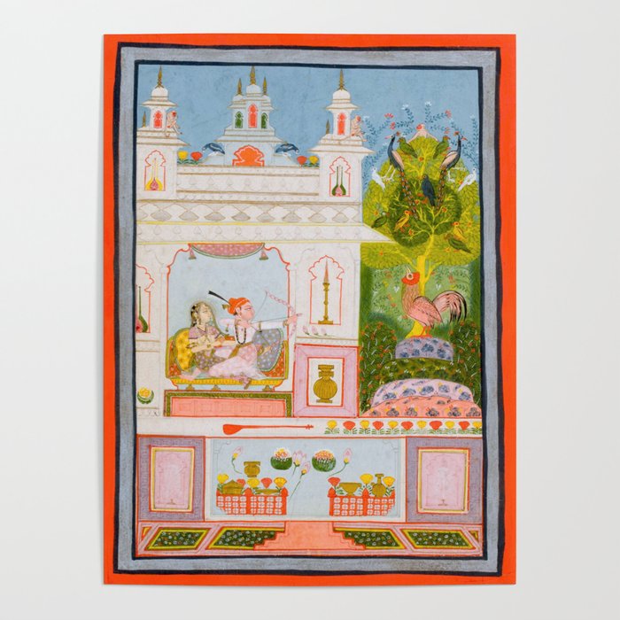 Two Lovers And The Morning Rooster Indian Painted Illustration Poster Gallery Image 1