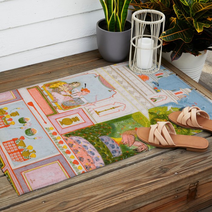 Two Lovers And The Morning Rooster Indian Painted Illustration Outdoor Rug Gallery Image 2