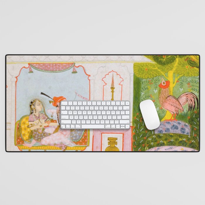Two Lovers And The Morning Rooster Indian Painted Illustration Desk Mat Gallery Image 1