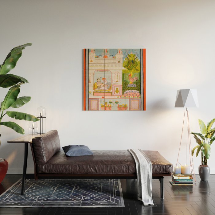 Two Lovers And The Morning Rooster Indian Painted Illustration Wood Wall Art Gallery Image 2