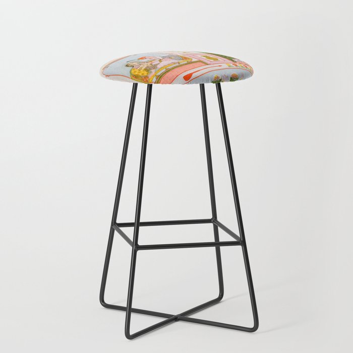 Two Lovers And The Morning Rooster Indian Painted Illustration Stool Gallery Image 1