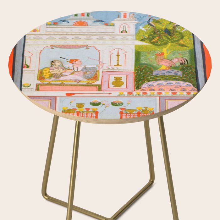 Two Lovers And The Morning Rooster Indian Painted Illustration Side Table Gallery Image 2