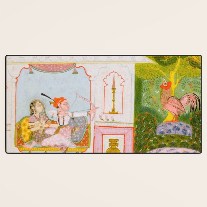 Two Lovers And The Morning Rooster Indian Painted Illustration Desk Mat Gallery Image 3