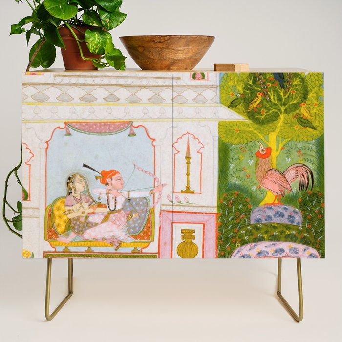 Two Lovers And The Morning Rooster Indian Painted Illustration Credenza Gallery Image 1