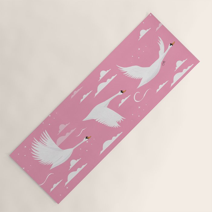 Flying Swans Illustration - Pink Sky with Clouds and Stars Yoga Mat Gallery Image 1