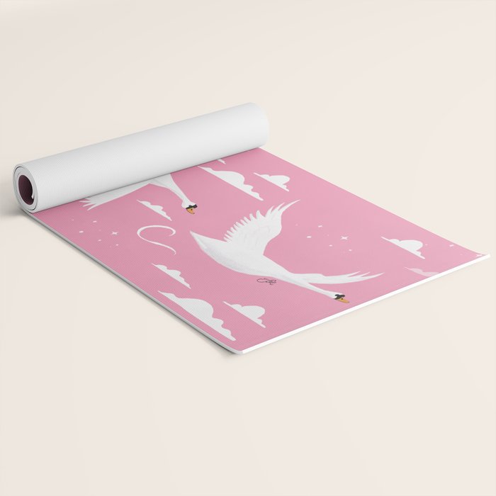 Flying Swans Illustration - Pink Sky with Clouds and Stars Yoga Mat Gallery Image 2