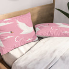 Flying Swans Illustration - Pink Sky with Clouds and Stars Pillow Sham Gallery Image 2