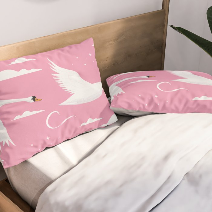Flying Swans Illustration - Pink Sky with Clouds and Stars Pillow Sham Gallery Image 2