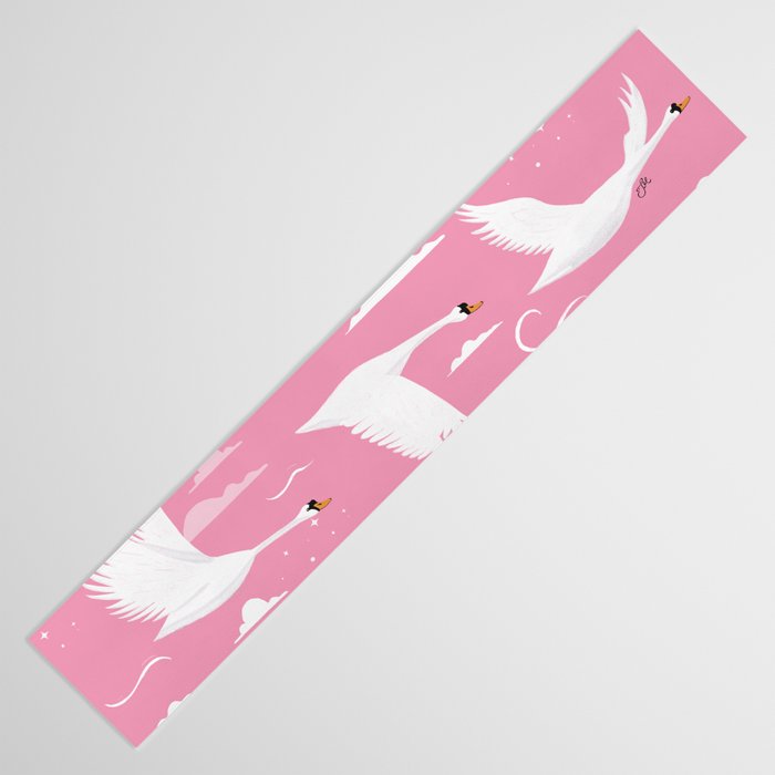 Flying Swans Illustration - Pink Sky with Clouds and Stars Table Runner Gallery Image 3