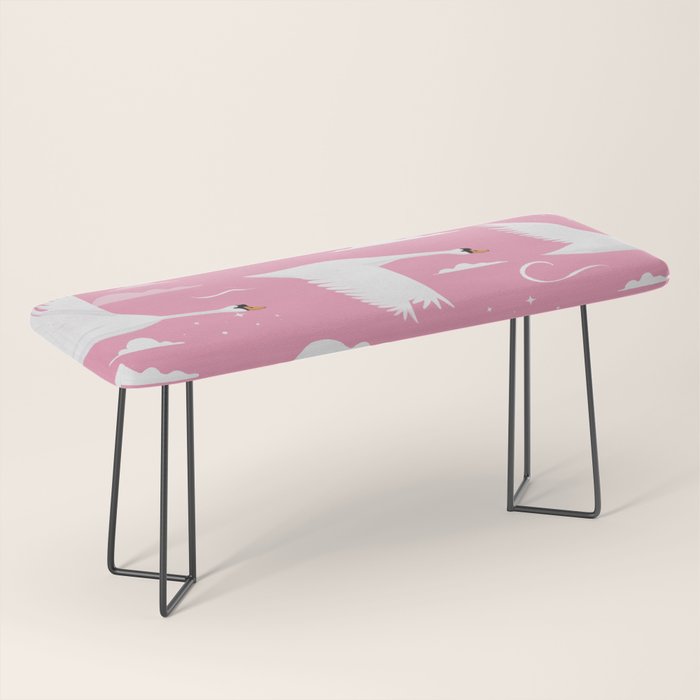 Flying Swans Illustration - Pink Sky with Clouds and Stars Bench Gallery Image 1