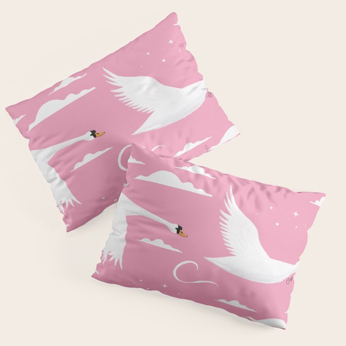 Flying Swans Illustration - Pink Sky with Clouds and Stars Pillow Sham Gallery Image 3