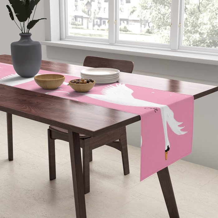 Flying Swans Illustration - Pink Sky with Clouds and Stars Table Runner Gallery Image 2