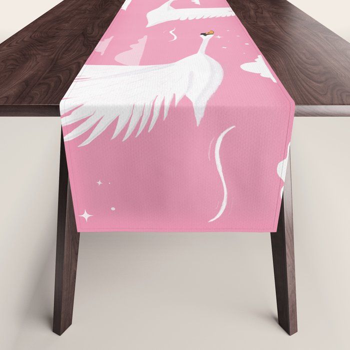 Flying Swans Illustration - Pink Sky with Clouds and Stars Table Runner Gallery Image 1