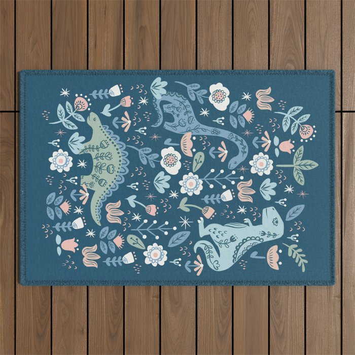 Folk Dinosaurs in Blue Outdoor Rug Gallery Image 1