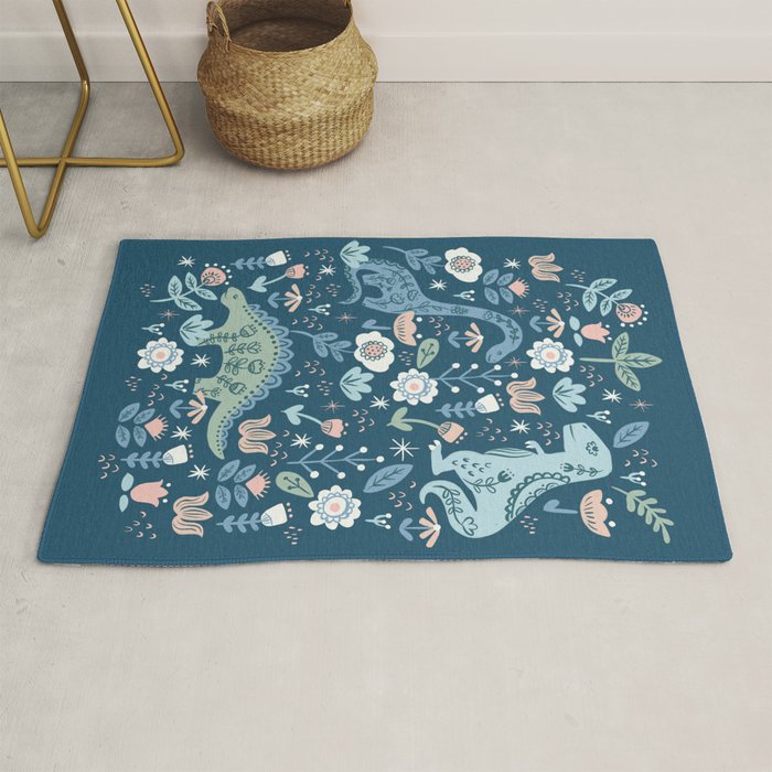 Folk Dinosaurs in Blue Rug Gallery Image 1