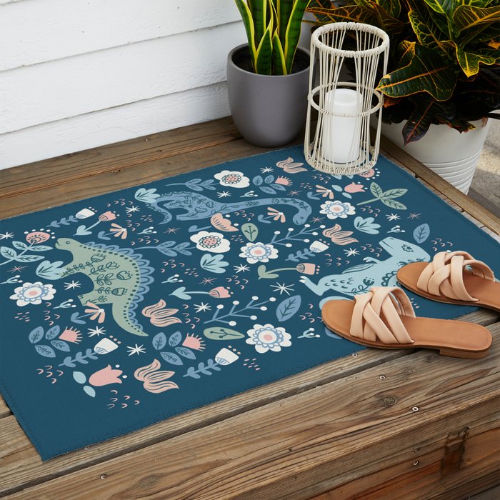 Folk Dinosaurs in Blue Outdoor Rug Gallery Image 2