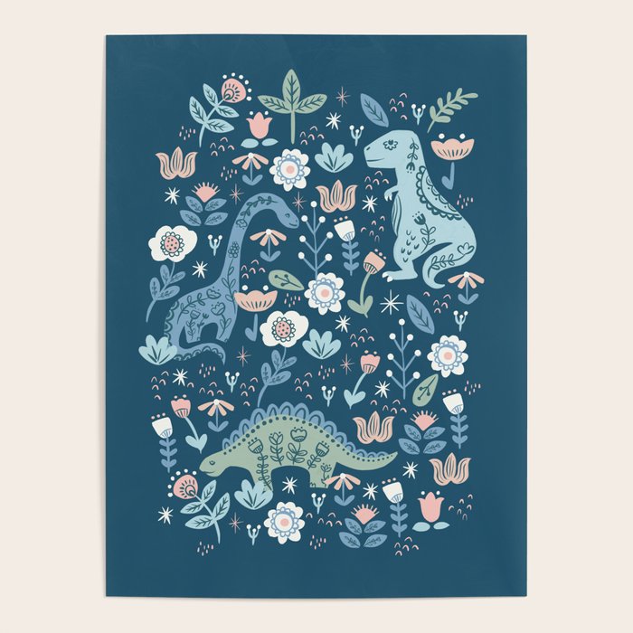 Folk Dinosaurs in Blue Poster Gallery Image 1