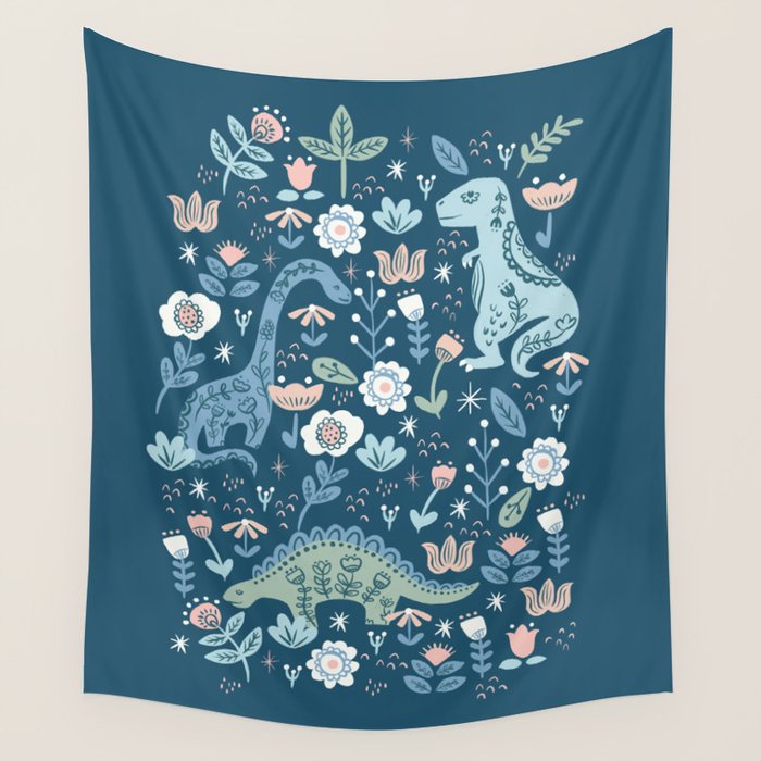 Folk Dinosaurs in Blue Wall Tapestry Gallery Image 4
