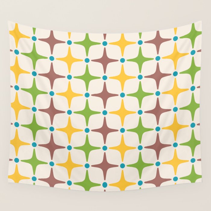 Mid Century Modern Star Pattern 214 Brown Yellow Turquoise Chartreuse Wall Tapestry Gallery Image 1