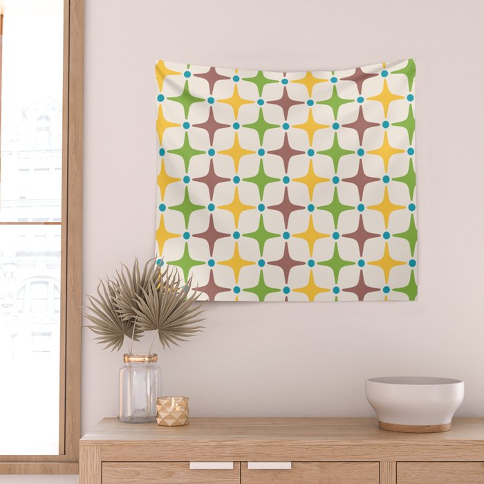 Mid Century Modern Star Pattern 214 Brown Yellow Turquoise Chartreuse Wall Tapestry Gallery Image 2