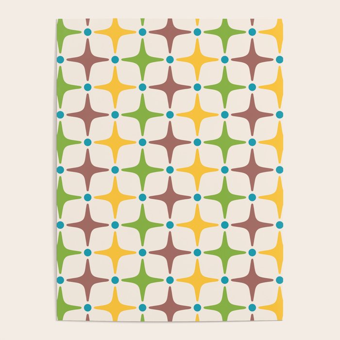 Mid Century Modern Star Pattern 214 Brown Yellow Turquoise Chartreuse Poster Gallery Image 4