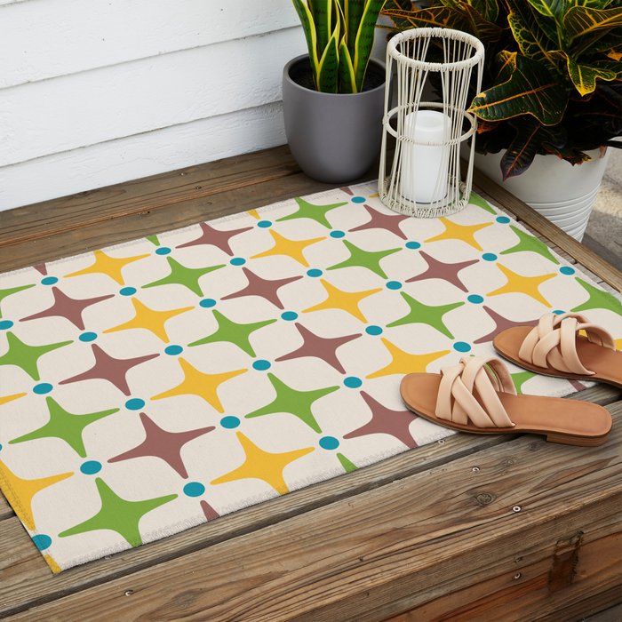 Mid Century Modern Star Pattern 214 Brown Yellow Turquoise Chartreuse Outdoor Rug Gallery Image 2