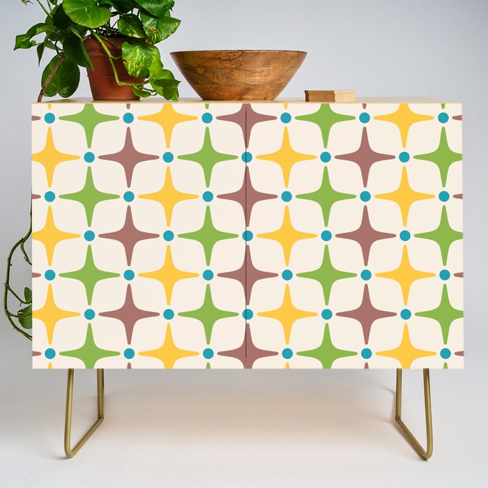 Mid Century Modern Star Pattern 214 Brown Yellow Turquoise Chartreuse Credenza Gallery Image 1