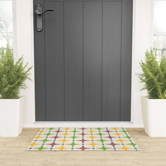 Mid Century Modern Star Pattern 214 Brown Yellow Turquoise Chartreuse Welcome Mat Gallery Image 3