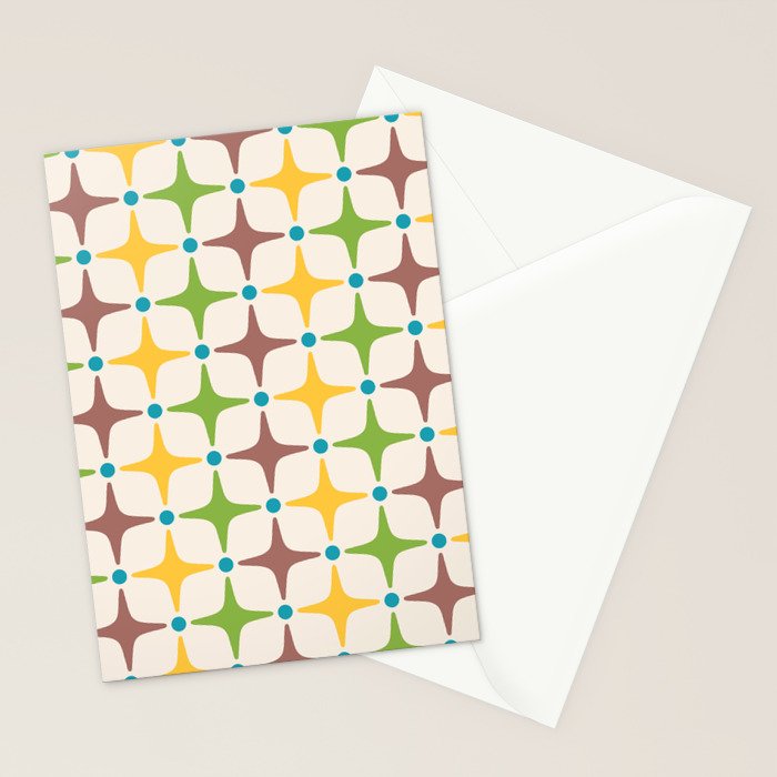 Mid Century Modern Star Pattern 214 Brown Yellow Turquoise Chartreuse Stationery Card Gallery Image 2