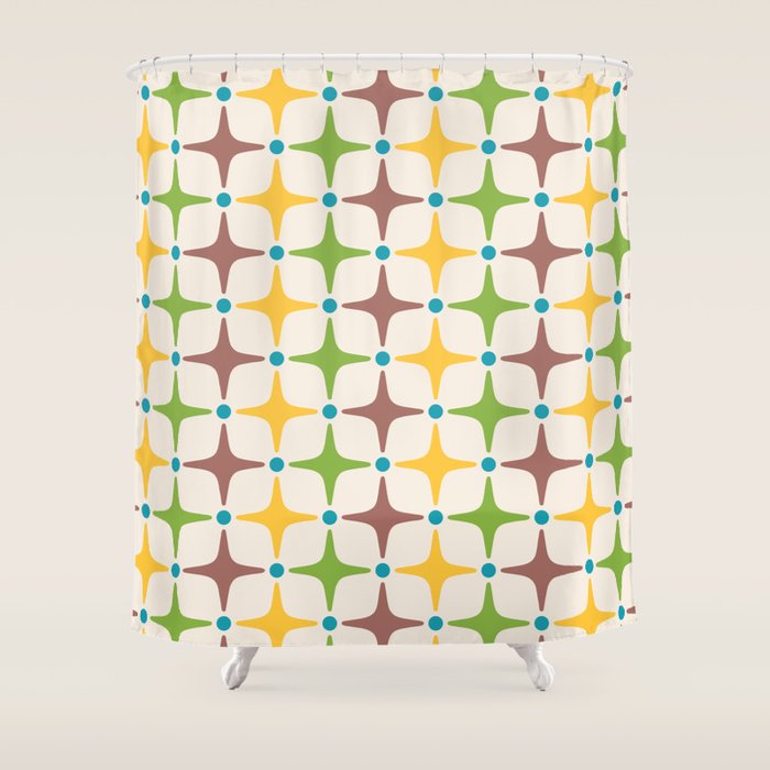 Mid Century Modern Star Pattern 214 Brown Yellow Turquoise Chartreuse Shower Curtain Gallery Image 1
