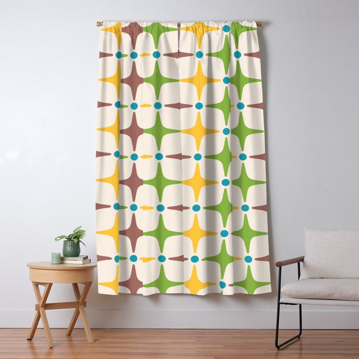 Mid Century Modern Star Pattern 214 Brown Yellow Turquoise Chartreuse Window Curtain Gallery Image 5