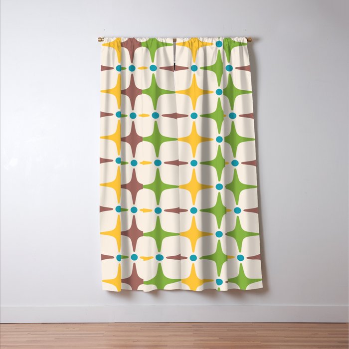 Mid Century Modern Star Pattern 214 Brown Yellow Turquoise Chartreuse Window Curtain Gallery Image 3
