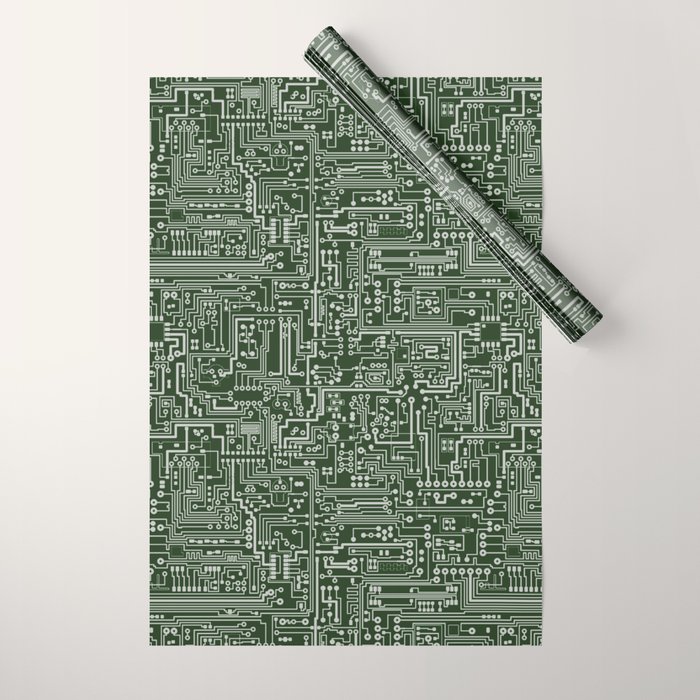 Circuit Board // Green & Silver Wrapping Paper Gallery Image 1