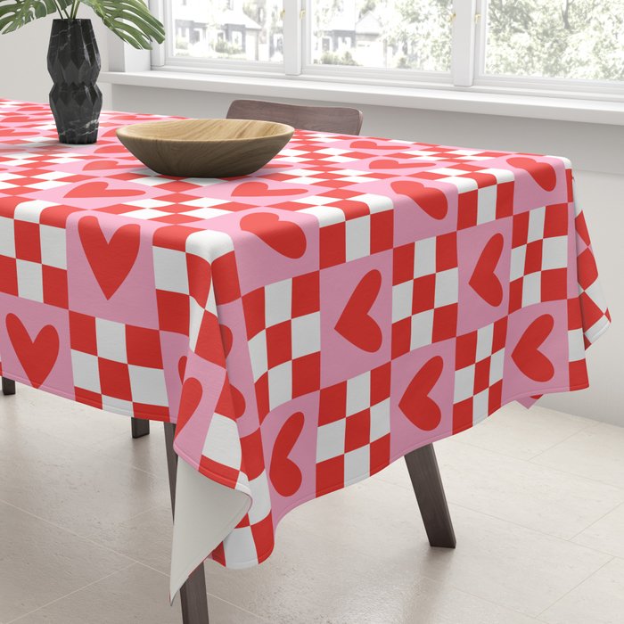 Red love heart checkered pattern Tablecloth Gallery Image 3