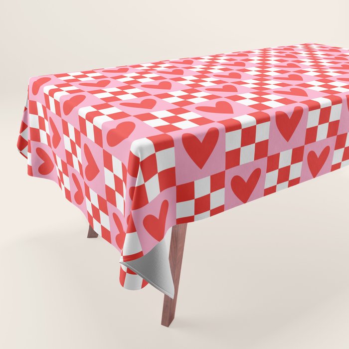 Red love heart checkered pattern Tablecloth Gallery Image 1