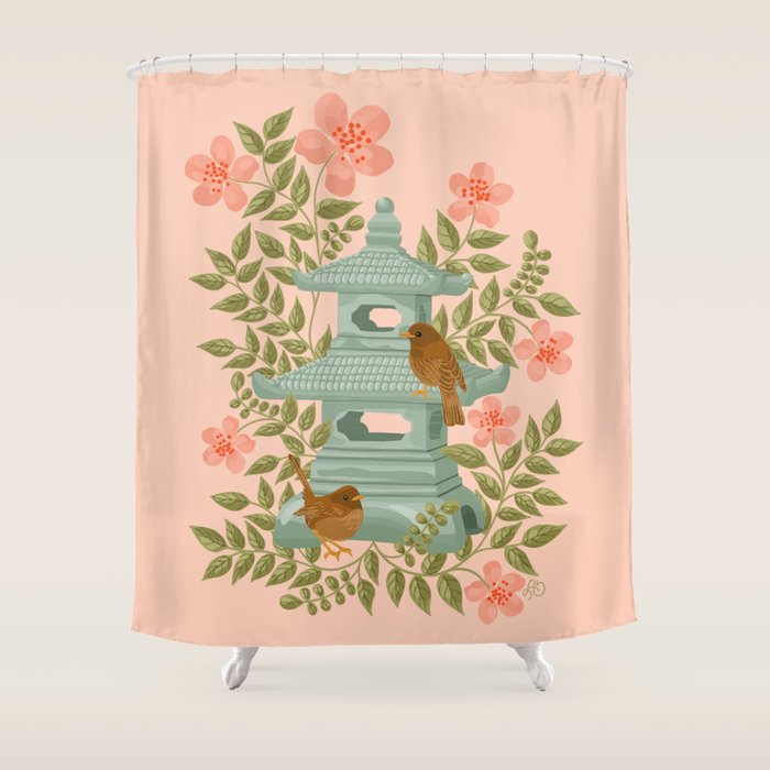 Serene Pagoda with Blossoms and Birds Shower Curtain Gallery Image 1